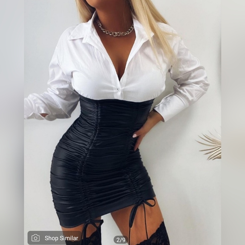PU Leather Patch Drawstring Ruched Buttoned Bodycon Dress